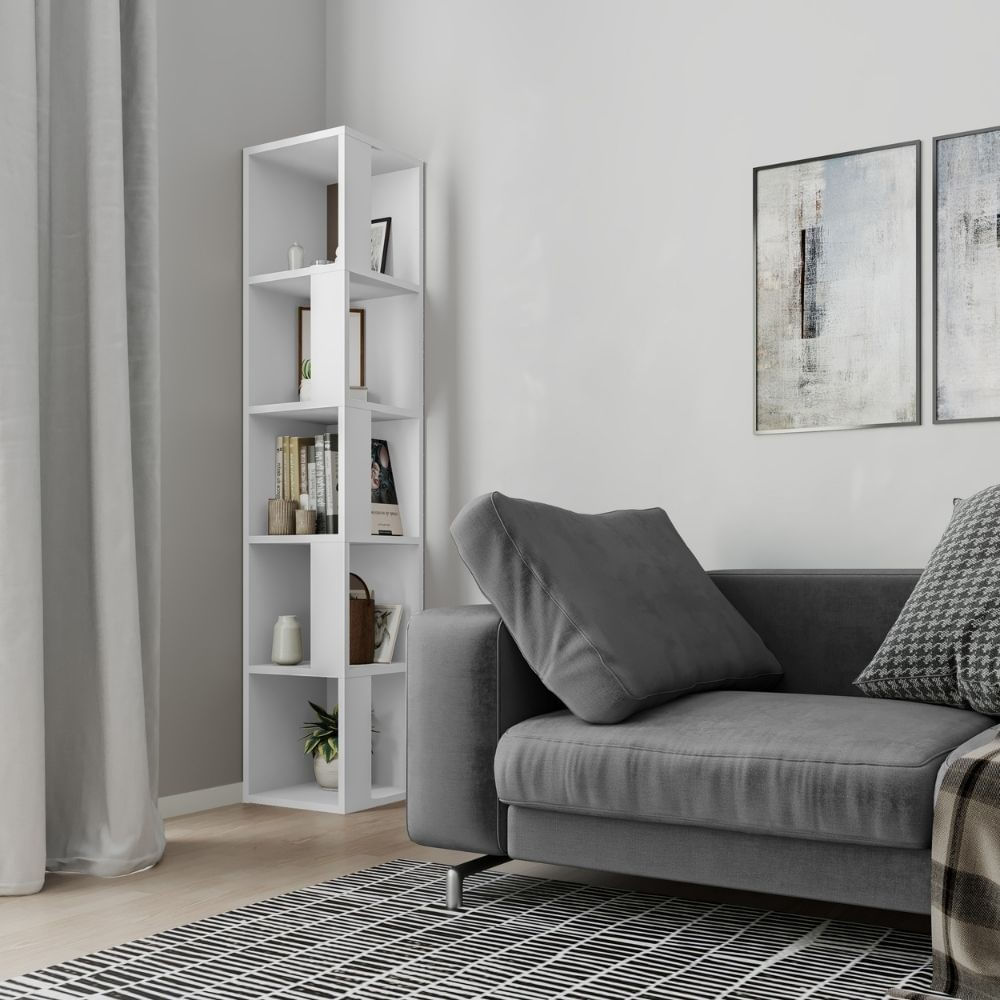 Libreria Angolare 4 Ripiani In PVC, Design Intagliato, Multifunzionale Per Piante E Decorazioni, Bianca 19x19x80 Cm