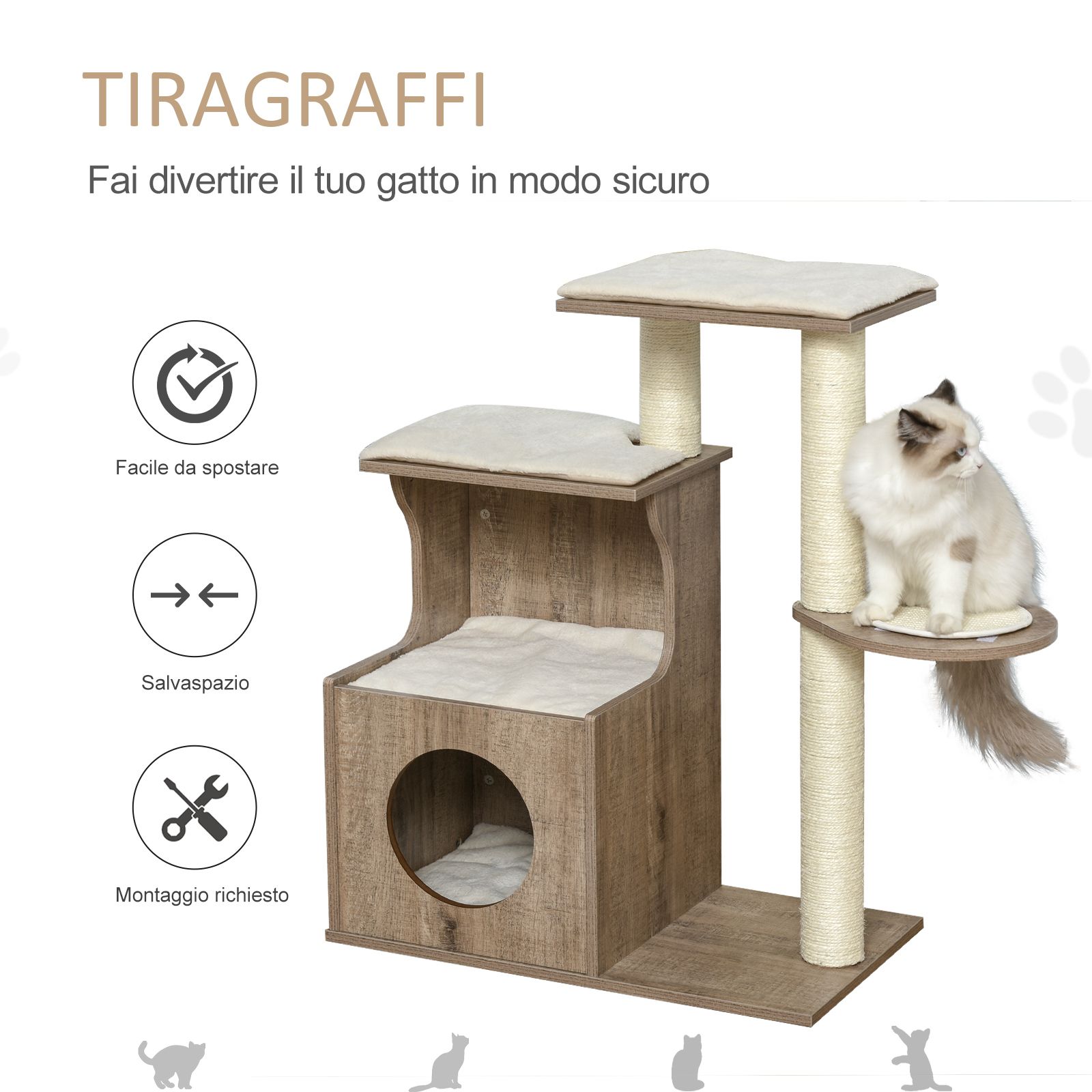 Albero Tiragraffi per Gatti Adulti con Cuccia in Legno e Corda Sisal -  BricoBravo