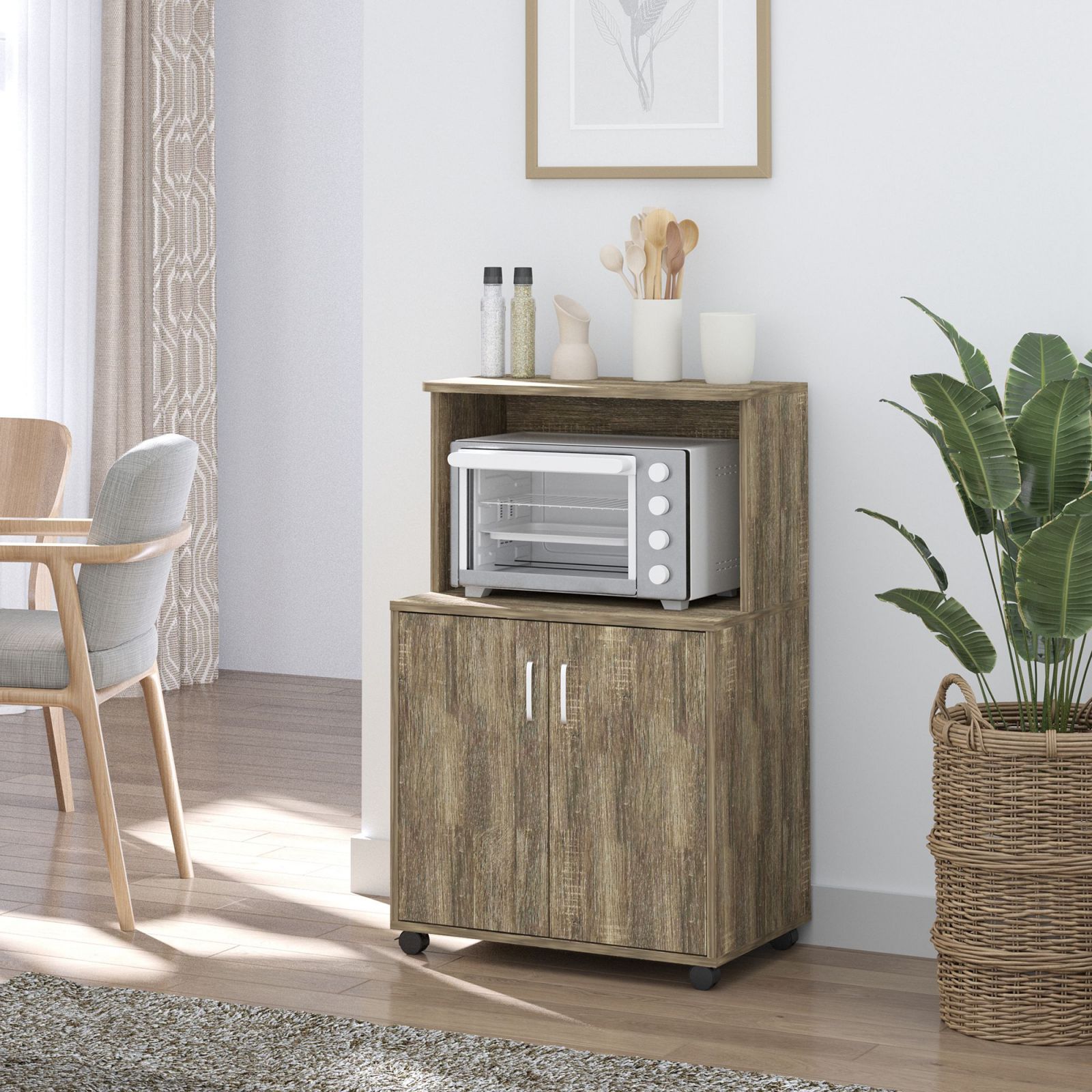 Mobile Cucina Multiuso con 4 Ruote, Armadietto e Ripiano per Microonde,  60.4x40.3x97cm - Legno - BricoBravo