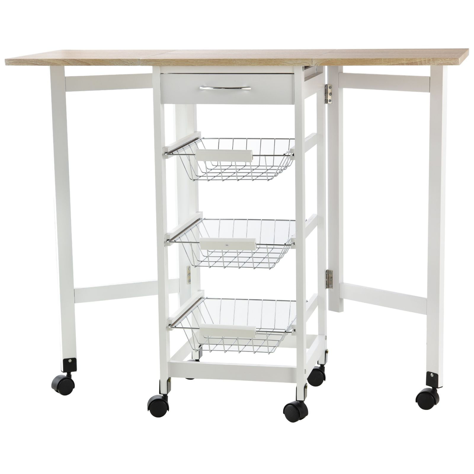 Carrello da Cucina con 3 Cestini, Cassetto e Ribalte, 6 Ruote Girevoli, in  MDF e Metallo, 37x37x77.5cm, Bianco e Legno - BricoBravo