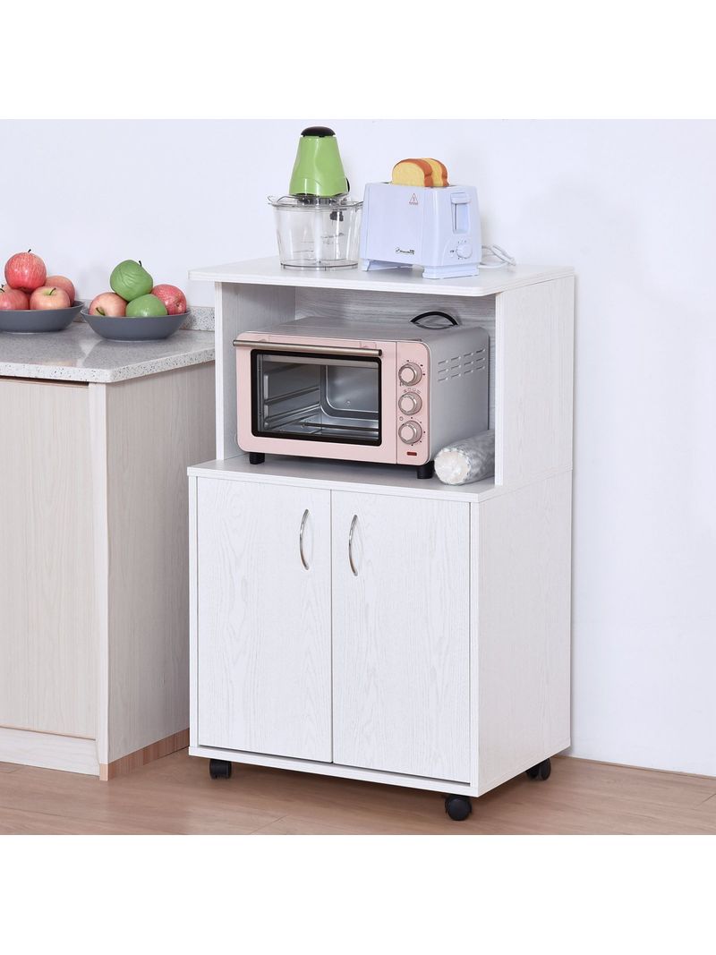 Mobile Cucina con Ruote Ripiano per Microonde in Legno Truciolare,  60.4x40.3x97cm Bianco