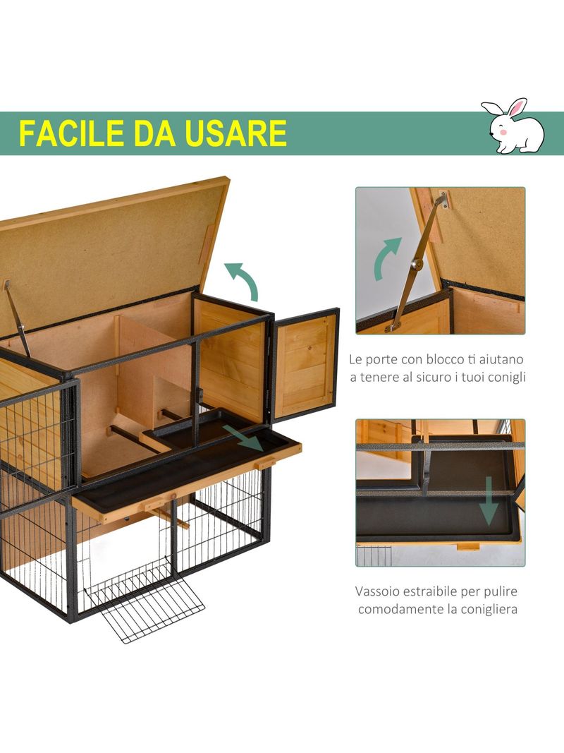 Gabbia per Conigli con Rampa e Area Aperta, Conigliera in Legno e