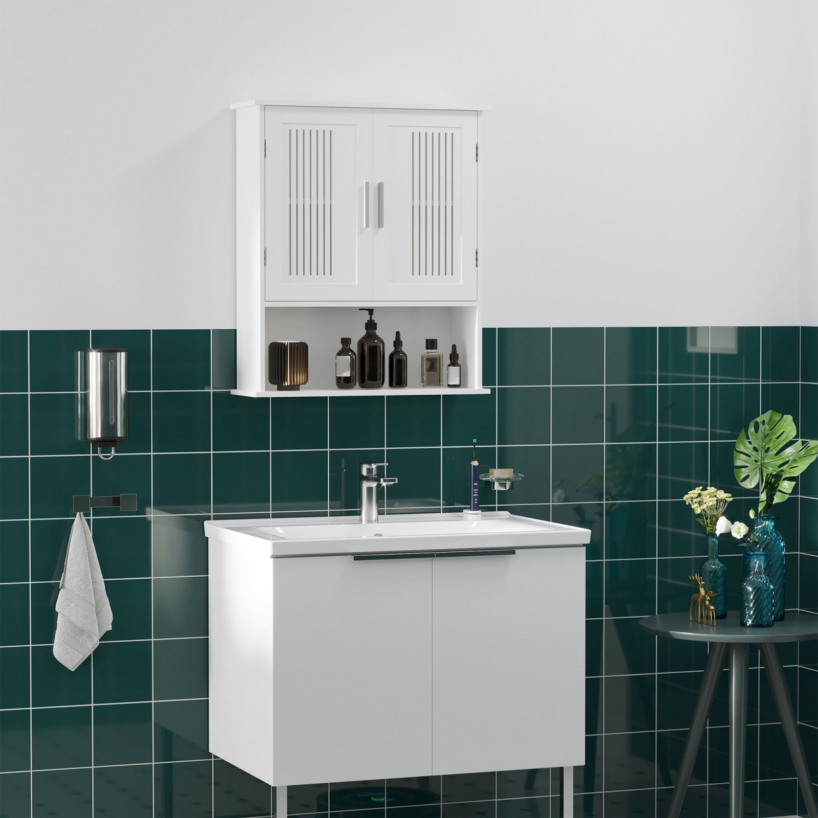 Il numero 1 del risparmio-MOBILETTO DA BAGNO A MURO SALVASPAZIO CON  ARMADIETTO E RIPIANO 60X20X70CM BIANCO