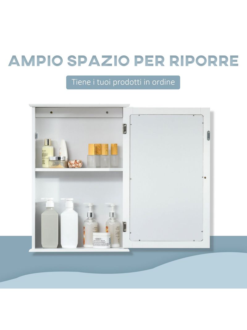 Mobiletto Bagno Pensile con Specchio e Anta a Chiusura Magnetica,  41x14x60cm - Bianco - BricoBravo