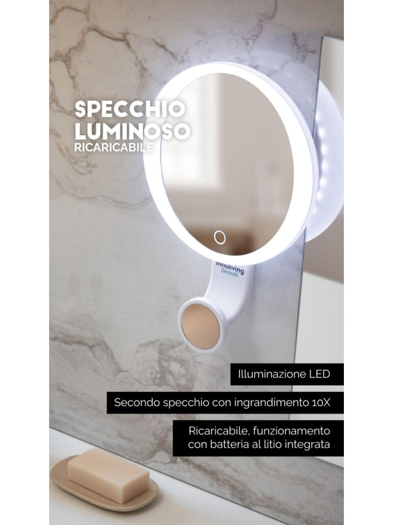 Specchio Luminoso 1X-10X Con Ventose Ricaricabile Innoliving INN-806