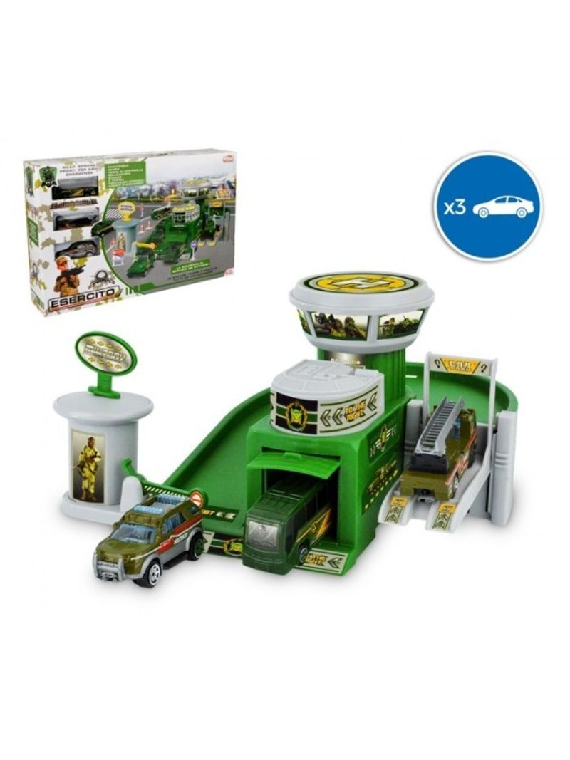 PLAYSET QUARTIER GENERALE MILITARE GARAGE 3 AUTO CON ACCESSORI E ADESIVI