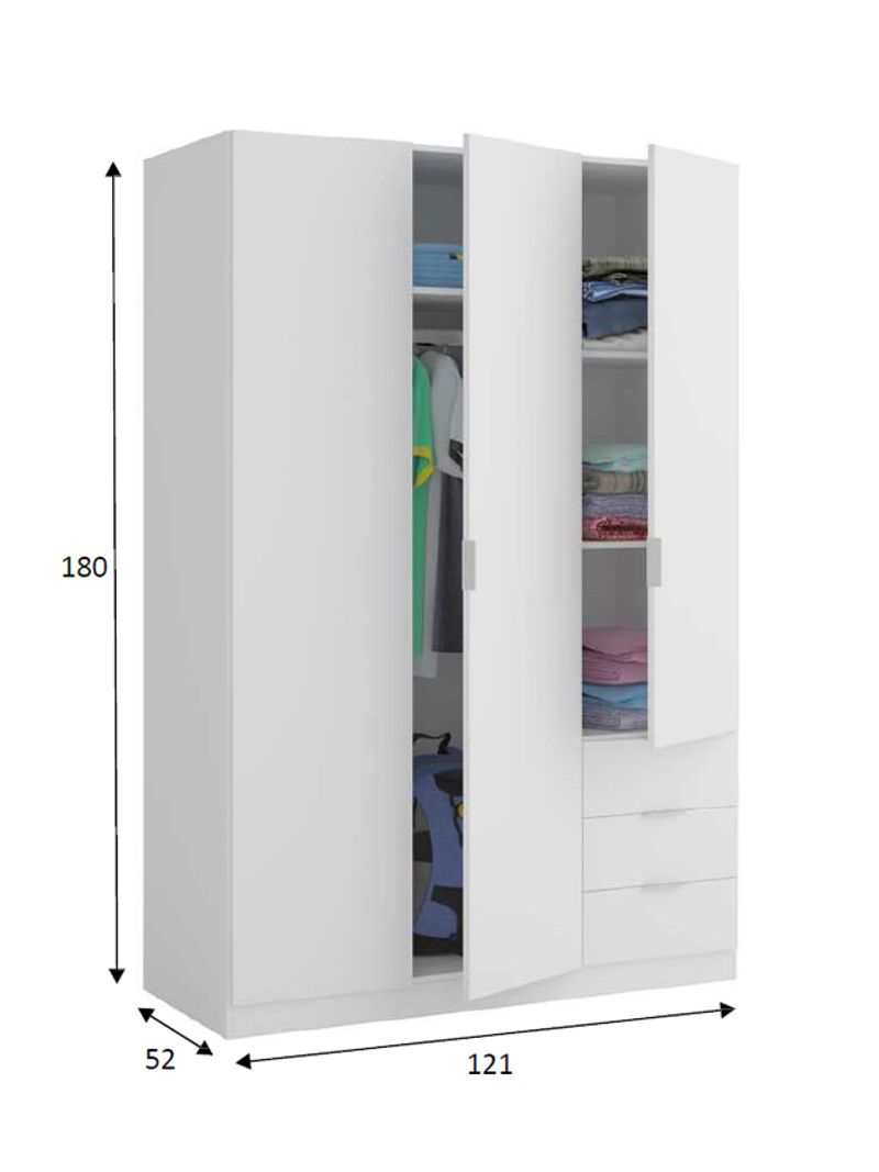 Guardaroba Warren, Armadio per camera da letto a 3 ante e 3 cassetti, Mobile  con 3 ripiani e barra appendiabiti, cm 121x52h180, Bianco - BricoBravo