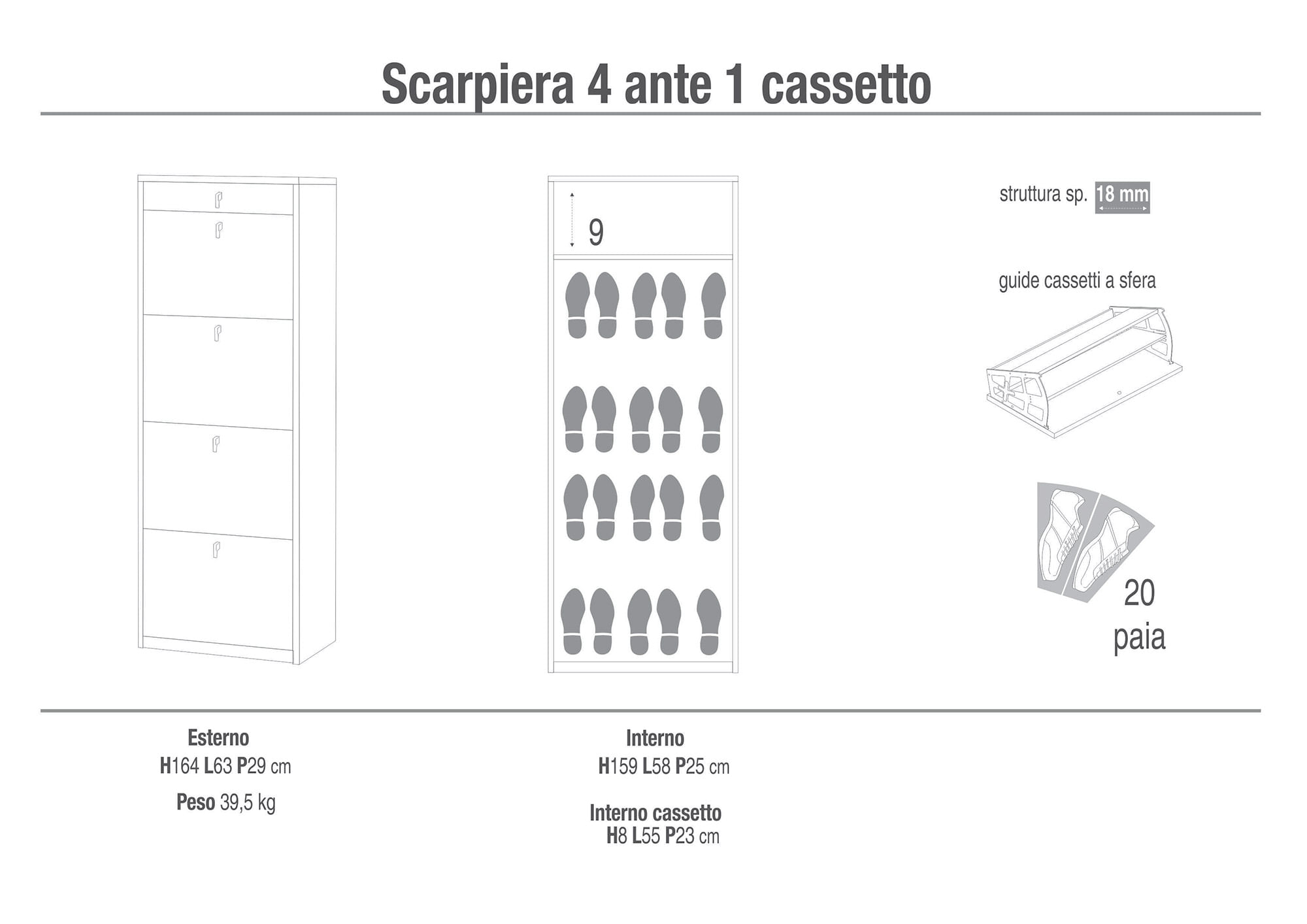 Scarpiera 5 Ante P29 Kit Bianco Fiammato - Bianco Fiammato, cm 63