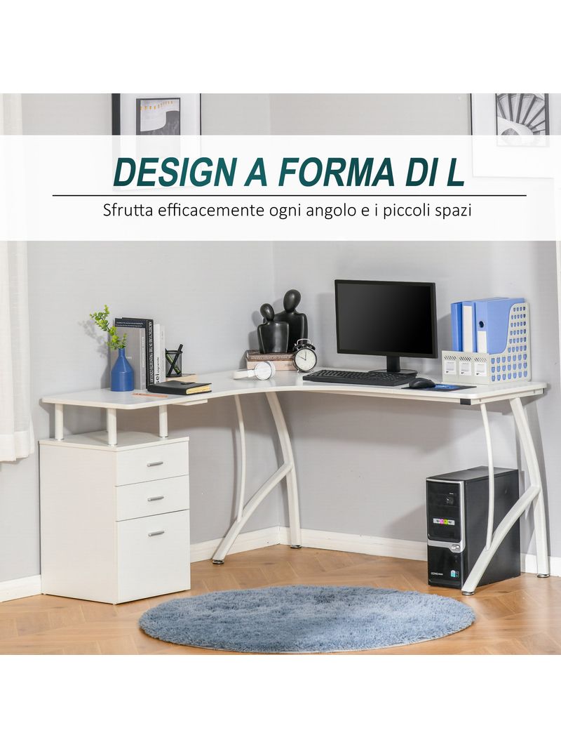 Scrivania Angolare da Ufficio 143,5x143,5x76 cm con Cassettiera in Legno e  Metallo Bianca