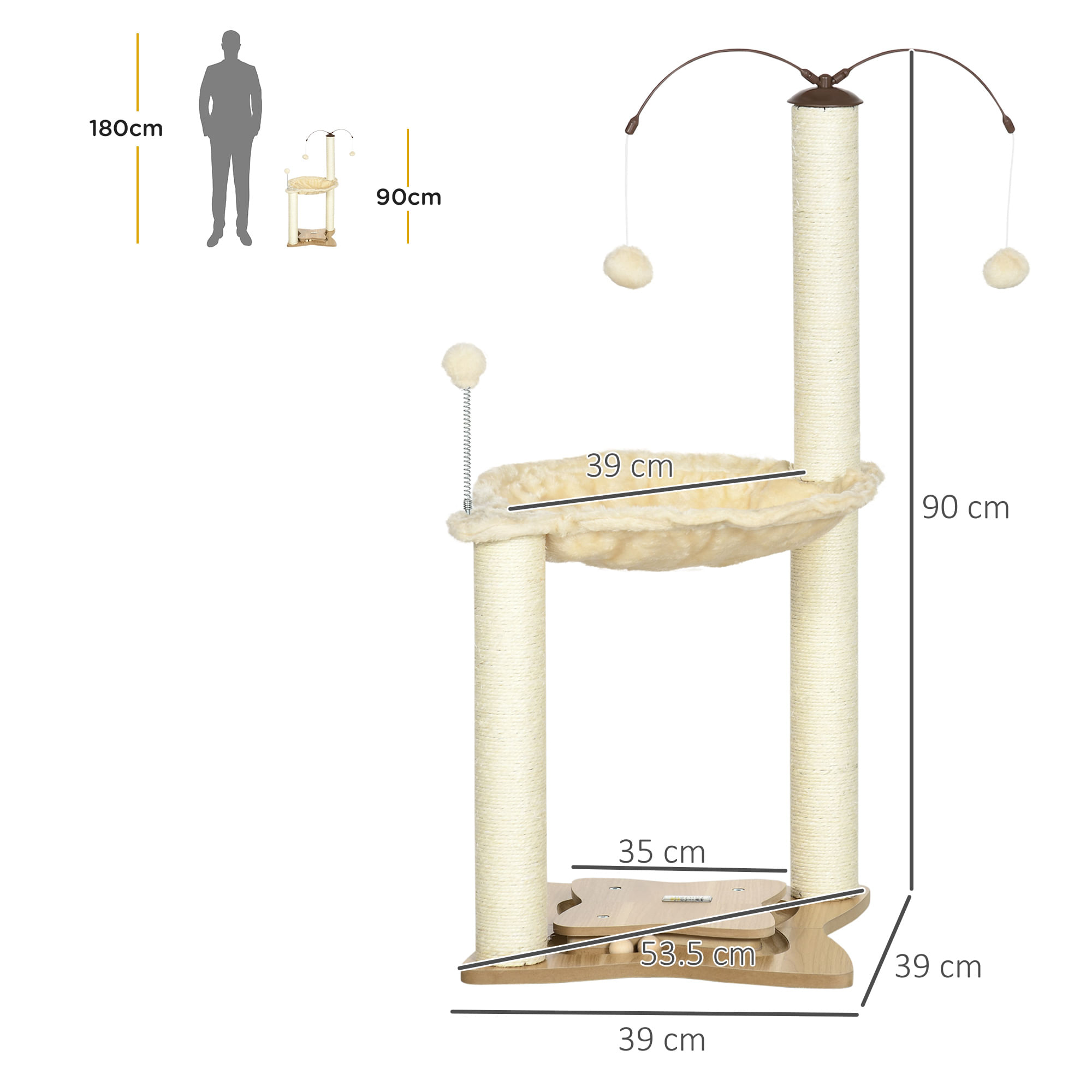 Albero Tiragraffi per Gatti max 5 kg 53,5x53,5x90 cm con Amaca e Pali in  Sisal Beige - BricoBravo