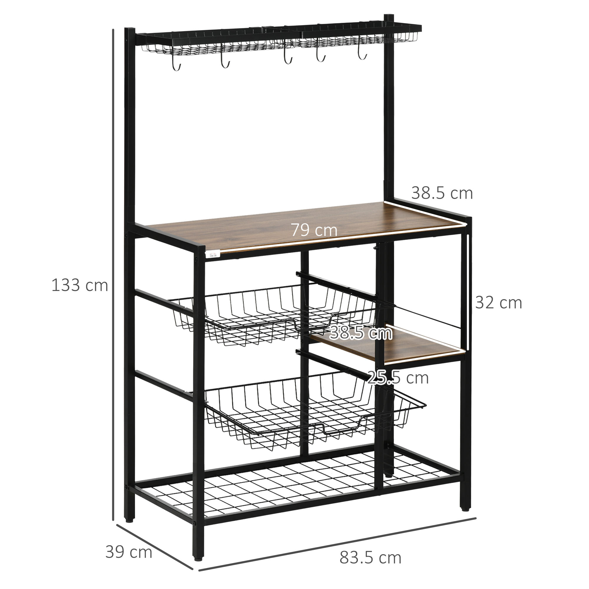 Mobile Cucina con 5 Ganci 3 Ripiani 4 Cestelli 83,5x39x133 cm in MDF e  Acciaio Marrone - BricoBravo