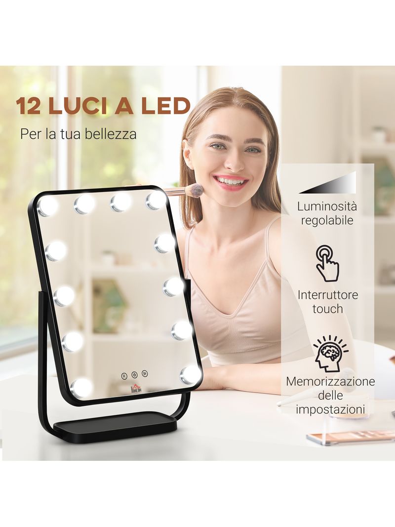 MQBeauty - Specchio da tavolo nero ricaricabile con illuminazione LED  regolabile