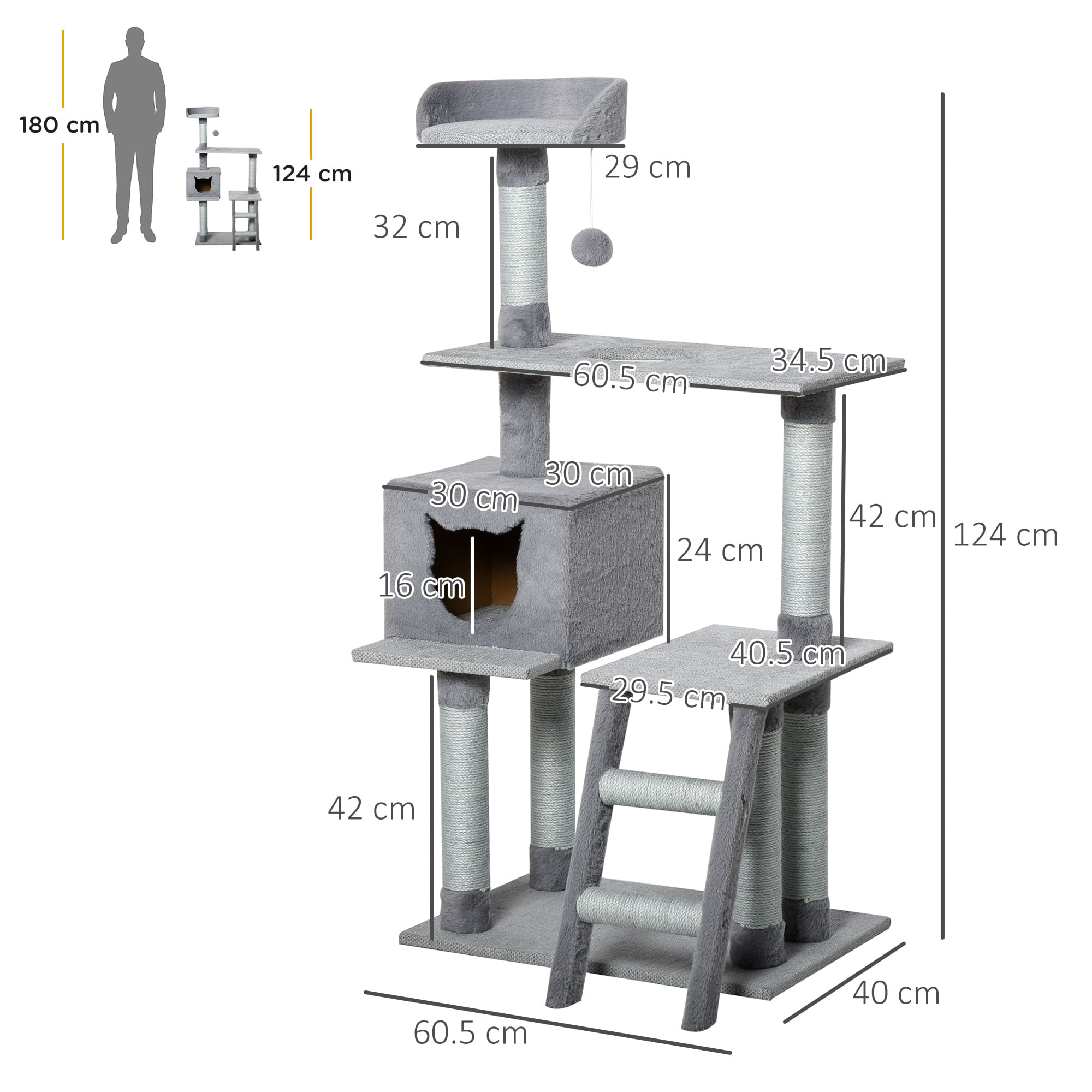 Albero Tiragraffi per Gatti 60,5x40x124 cm con Casetta e Corda di Juta  Grigio - BricoBravo