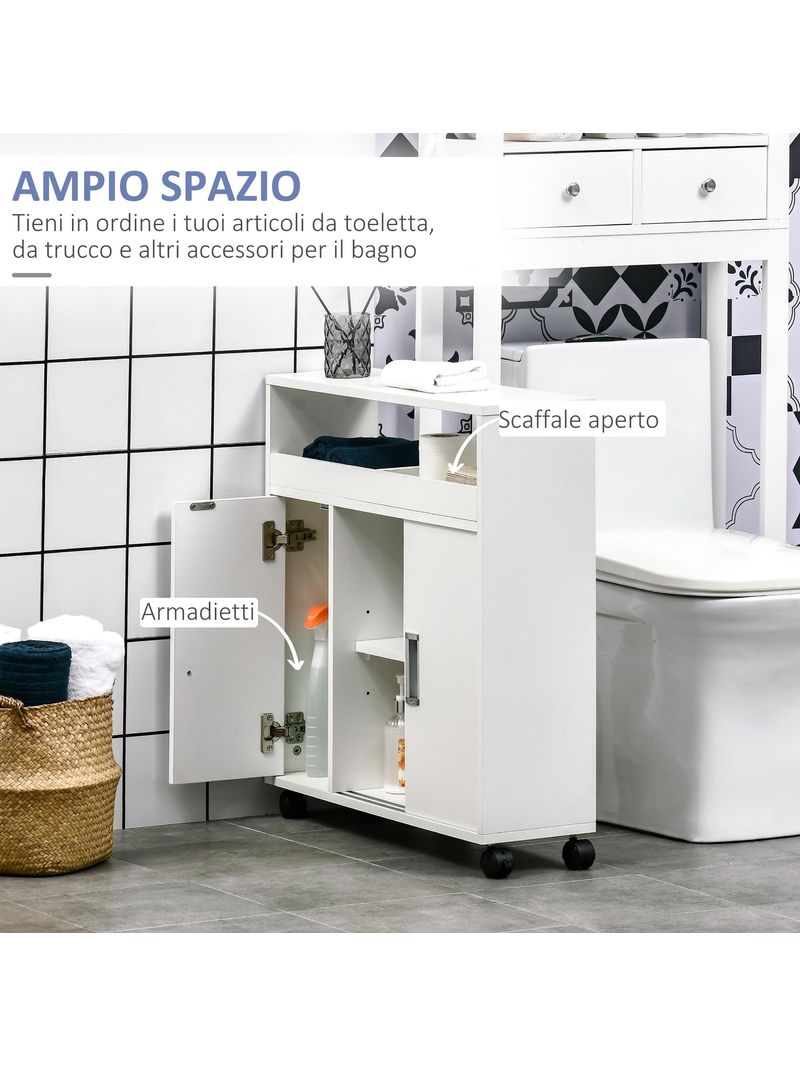 Icon Space Mobiletto Bagno con Porte Scorrevoli Ripiano Regolabile e 4 Ruote  in Truciolato e Lega di Alluminio 70x20x71cm Bianco 485V00