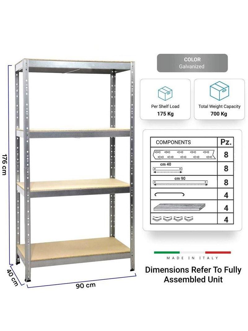 Scaffale in Metallo 4 Ripiani in Legno Truciolato 200x70x200 cm Zincato