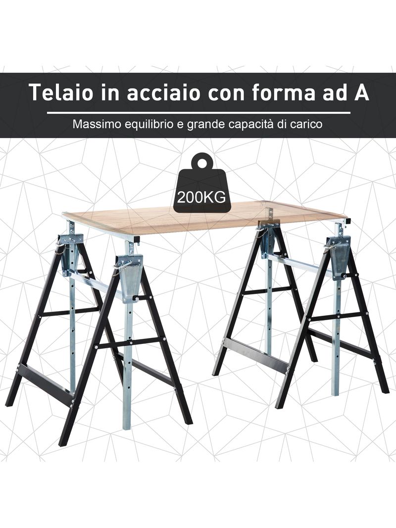 Randaco - Set di 2 cavalletti da lavoro, nero, regolabili in altezza in 7 posizioni, 80-130 cm, pieghevole, cavalletto per ponteggio stabile fino a 200 kg con dispositivo antiscivolo
