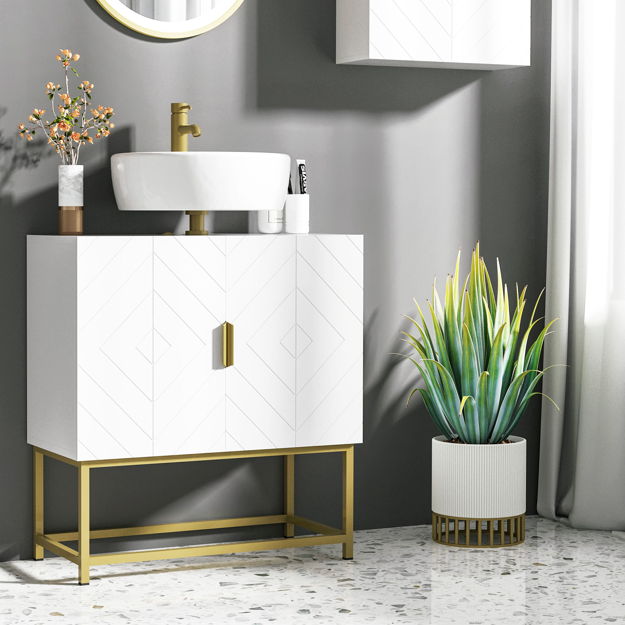 Mobile Sotto Lavabo Bagno 60x30x65 cm in Legno e Acciaio Bianco e Oro -  BricoBravo