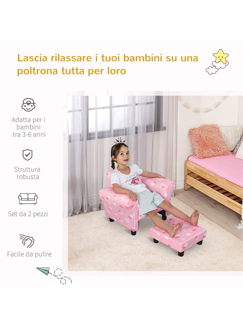 Poltroncina Imbottita per Bambini 58x40,5x49 cm con Poggiapiedi Rosa