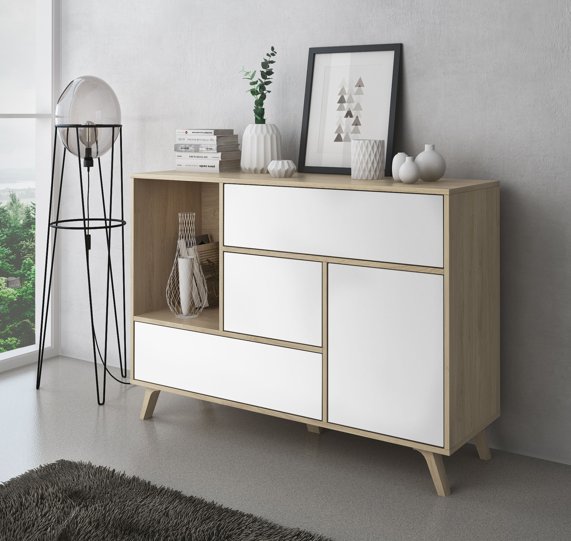 Credenza Buffet/sala Da Pranzo, Arredamento Ausiliario Buffet Loft 1 Porta,  3 Cassetti, Tutti In Colore Rovere Rustico. Misure: 120x40x86cm.