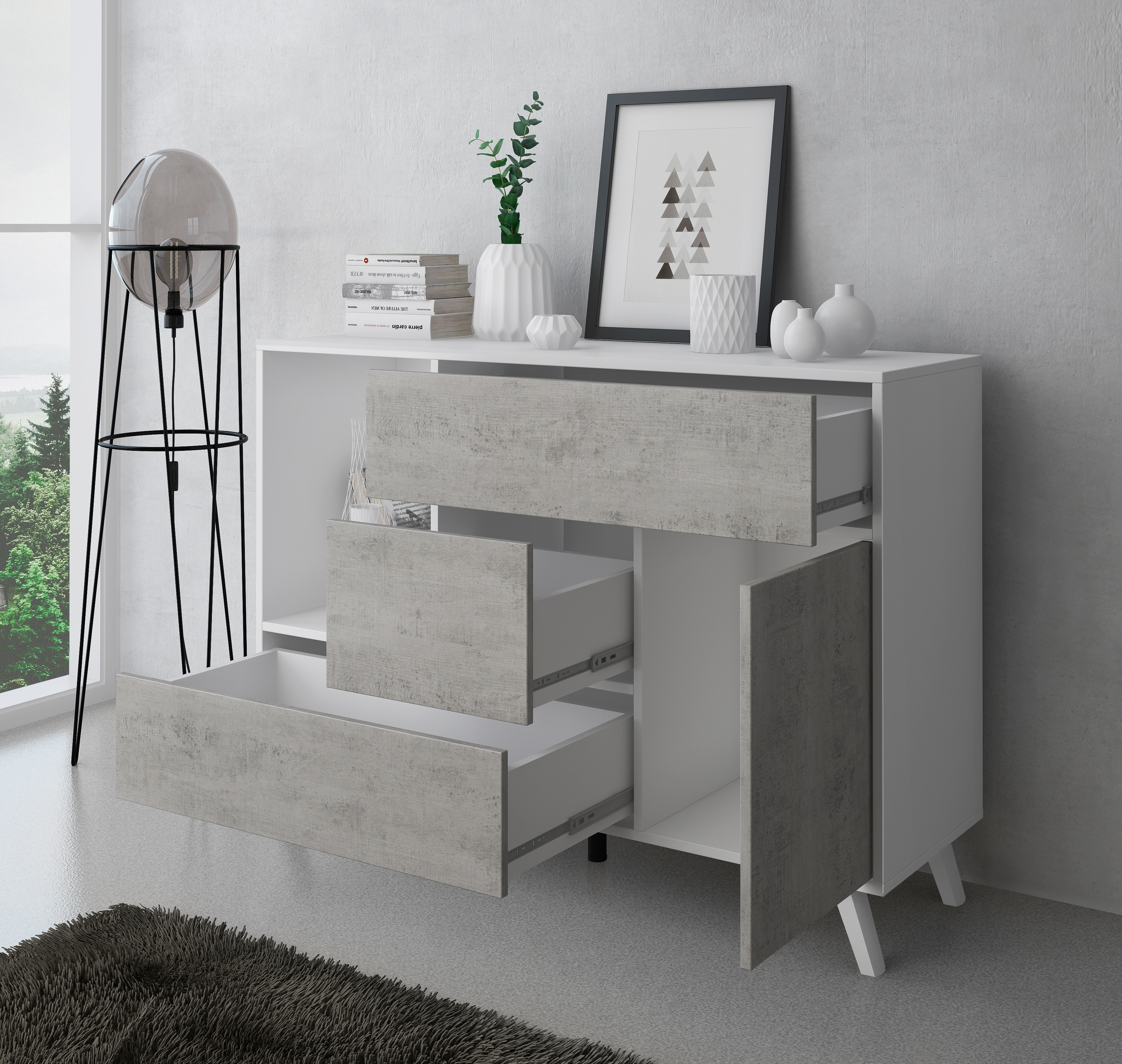 Credenza salotto e sala da pranzo 120x40x86cm Buffet 1 porta, 3 cassetti  colore bianco opaco e cemento modello Wind - BricoBravo