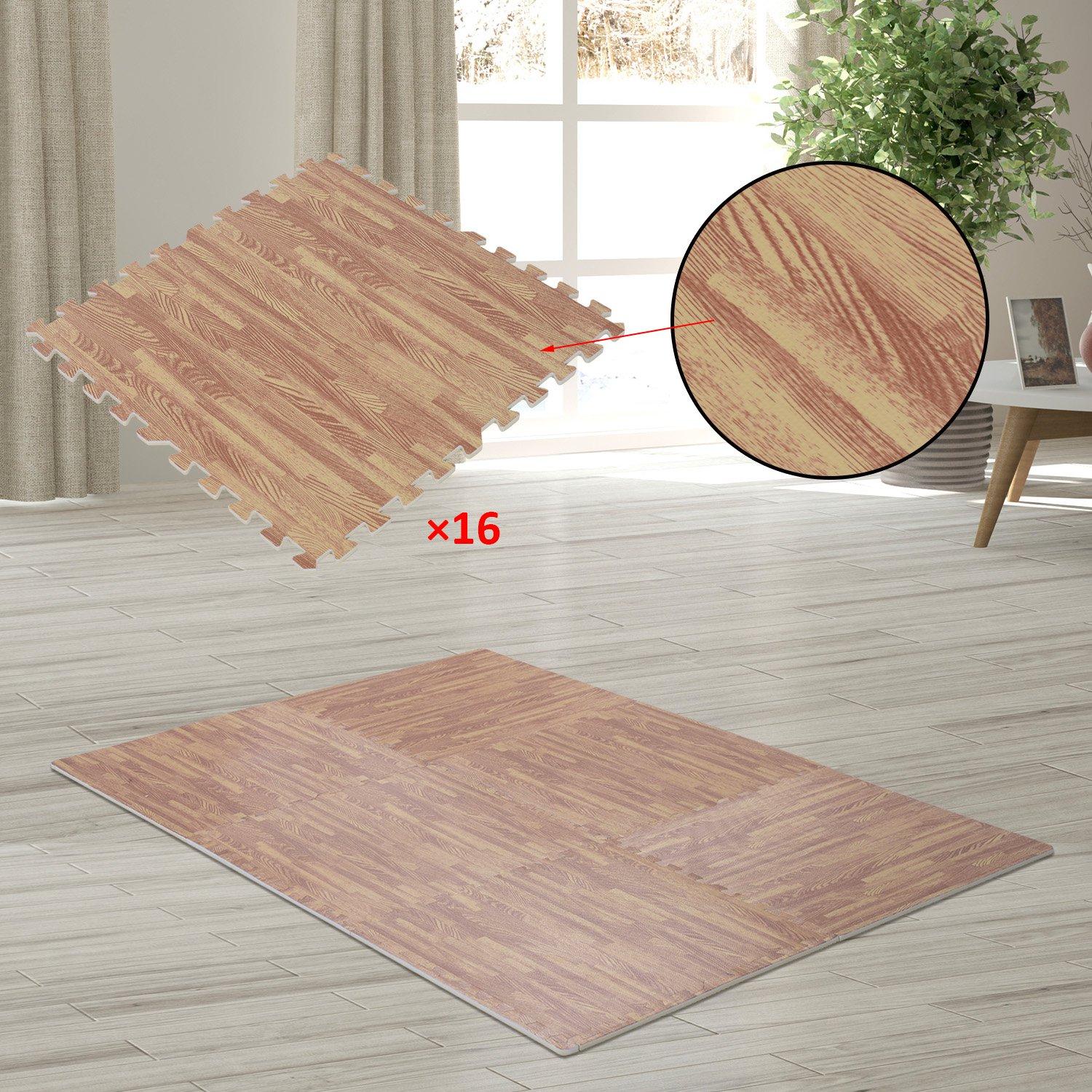 Tappeto puzzle effetto legno in schiuma EVA 61x61cm, Tappetini a incastro  con bordi perimetrali copertura 4,5 M²