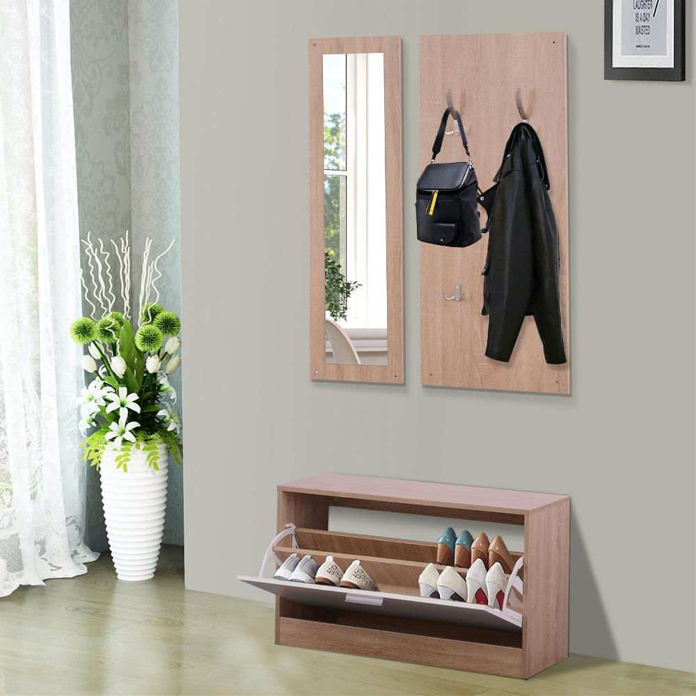 Set 3 Pezzi Scarpiera Appendiabiti Specchio da Ingresso in Legno 80x27x46.5  cm