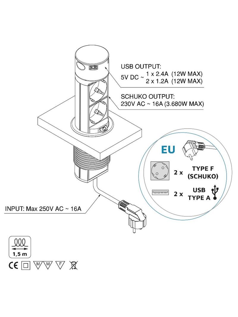 Miratic Torretta Multipresa Ø6cm 3x2P+T Schuko 2xUSB A e C Cavo da 1,5m  INOX : : Fai da te