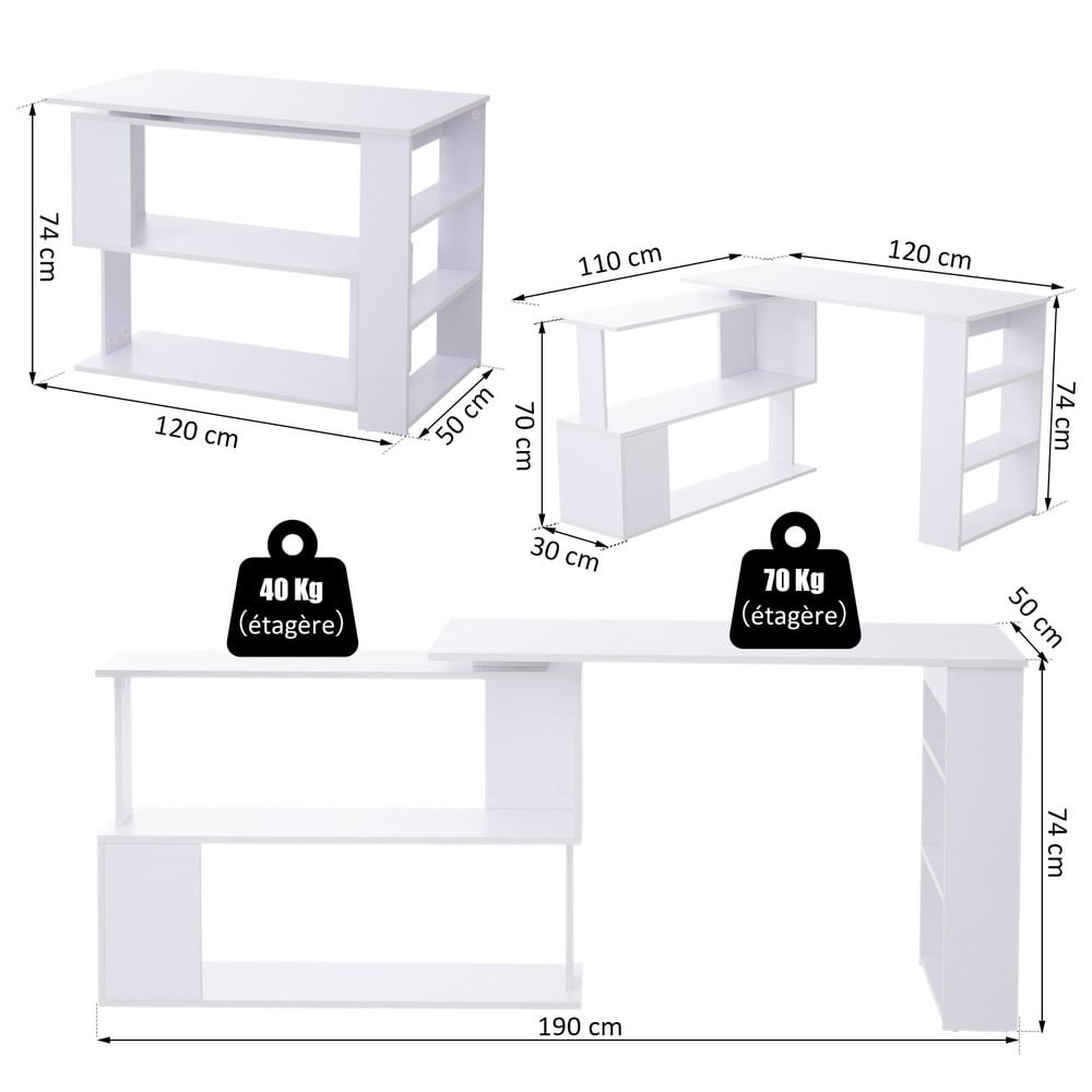 Scrivania angolare con 5 ripiani girevole 360°, bianca 120x100x74cm -  BricoBravo