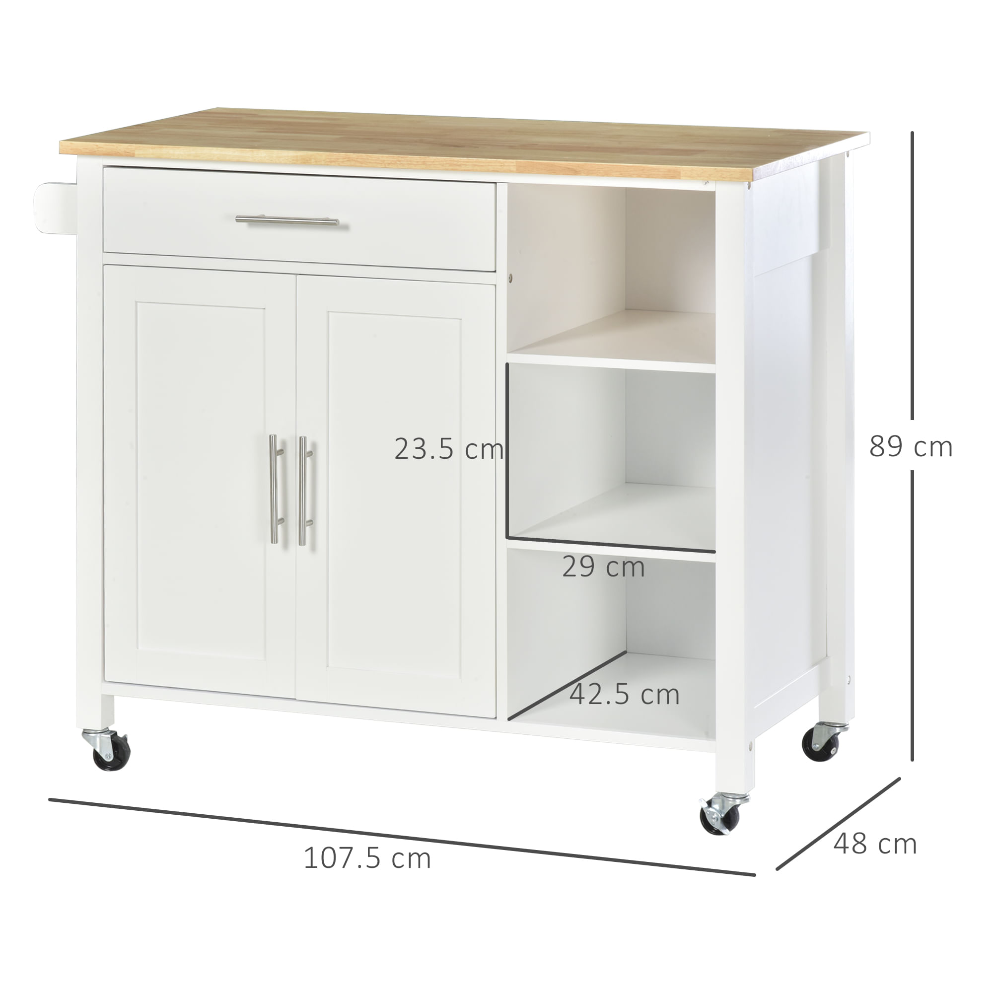 Mobiletto Carrello da Cucina 107,5x48x89 cm con Ruote in Legno MDF Bianco