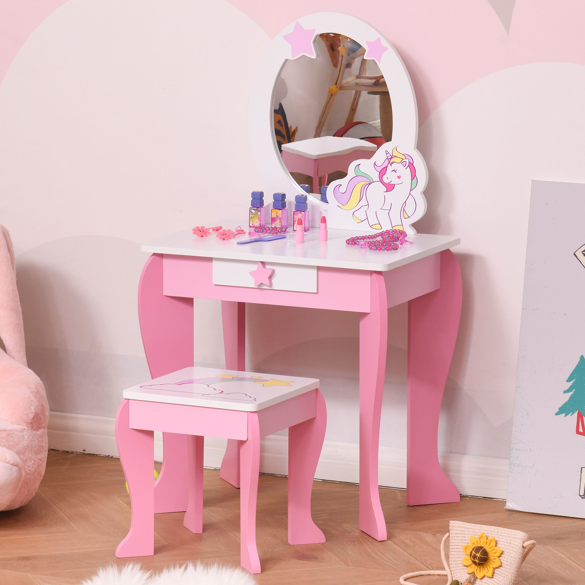 Specchiera Giocattolo per Bambini con Sgabello in MDF Rosa e Bianco -  BricoBravo