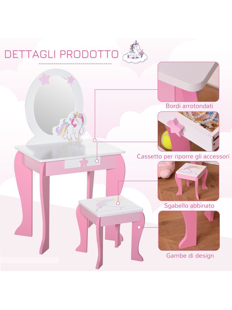 Specchiera Giocattolo per Bambini con Sgabello in MDF Rosa e Bianco -  BricoBravo