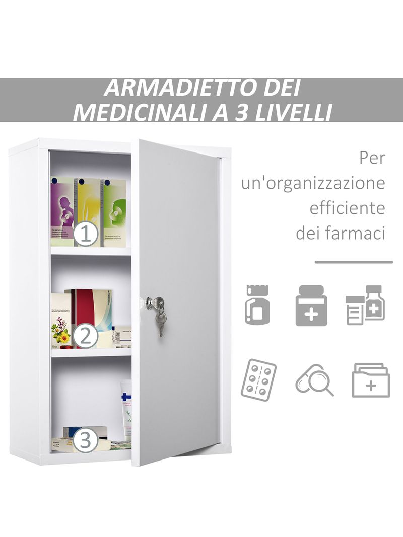 Armadietto Medicinali Con Serratura - 4 Ripiani In Acciaio, Vetro Smerigliato E Croce Trasparente - Foto 10