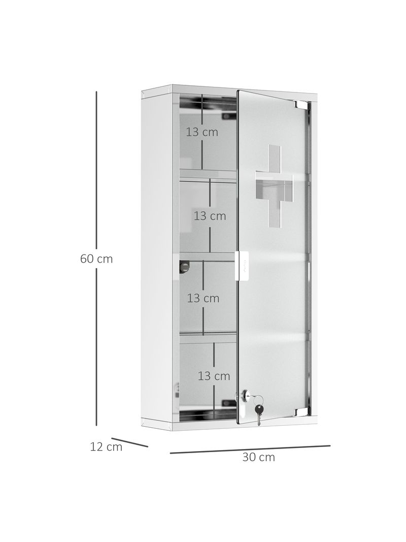 Armadietto per Medicinali - 4 Ripiani, Porta di Vetro, con 2 Chiavi,  30x12x60cm, Acciaio, da Bagno - Pensile