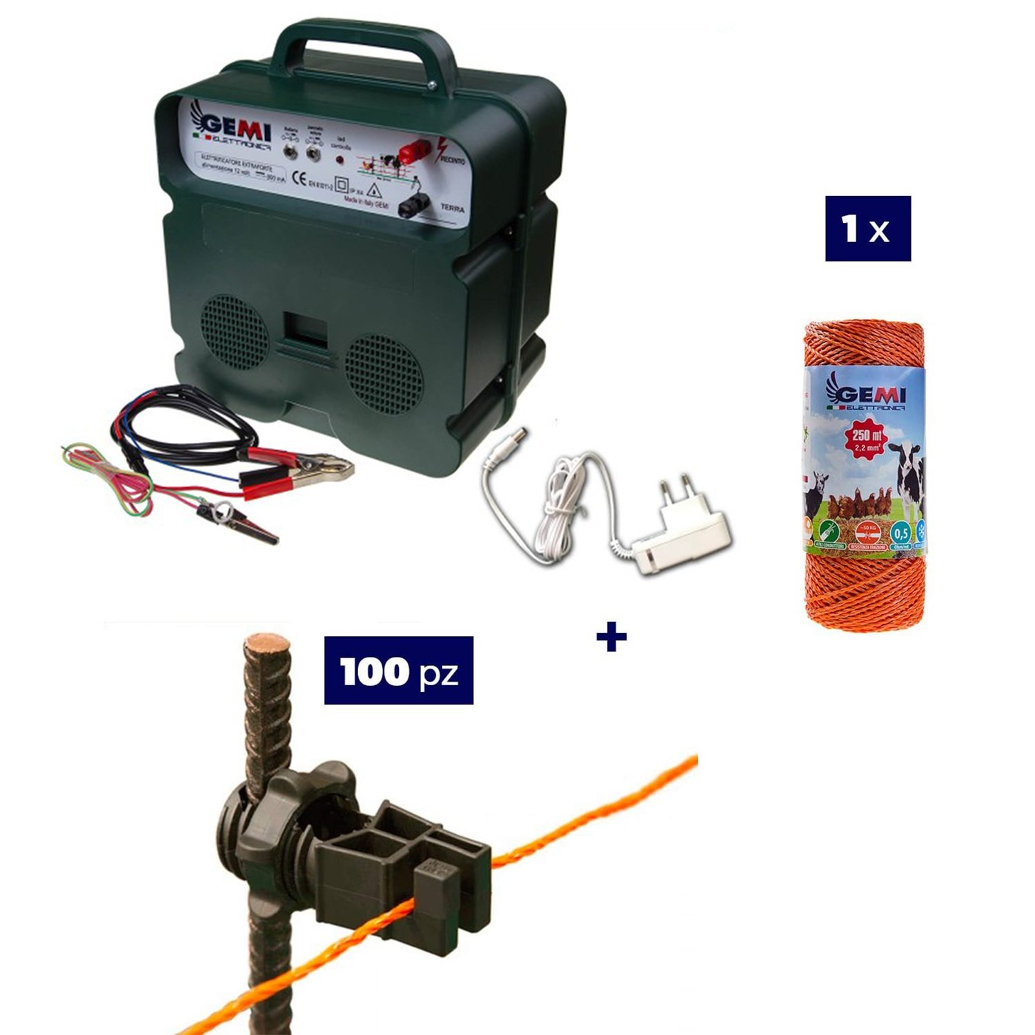 Kit recinto elettrico 1x Elettrificatore B12 batteria 12V o corrente 220 V  + 1x Filo 250MT 2.2Mm² + 100 isolatori ferro - BricoBravo