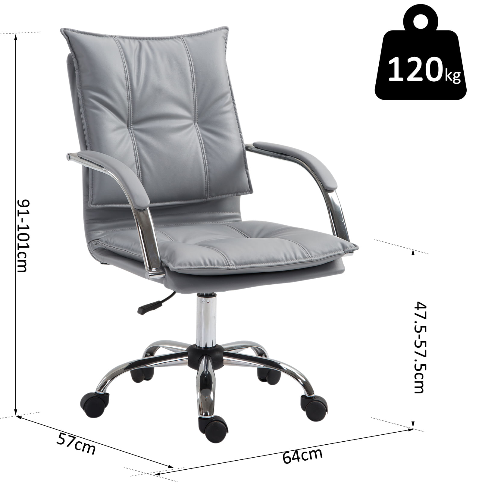 Vinsetto Sedia da ufficio senza braccioli Sedia da scrivania giovanile con altezza regolabile Schienale imbottito in similpelle carico 120 kg 47 x 57 x 76,5 – 86,5 cm Bianco