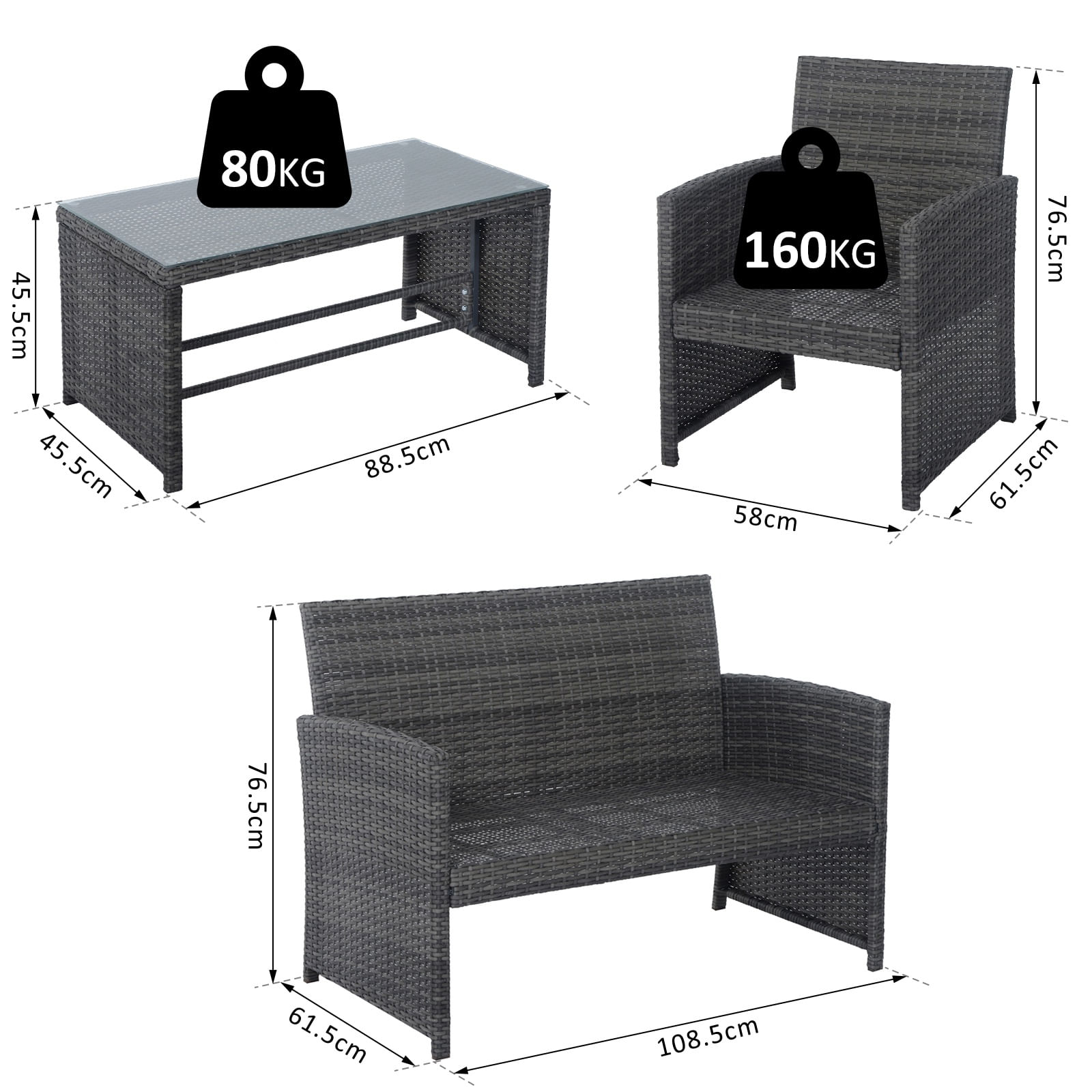 Outsunny set mobili da esterno in pe rattan divanetto e 2 poltrone con  tavolino e cuscini grigio - BricoBravo