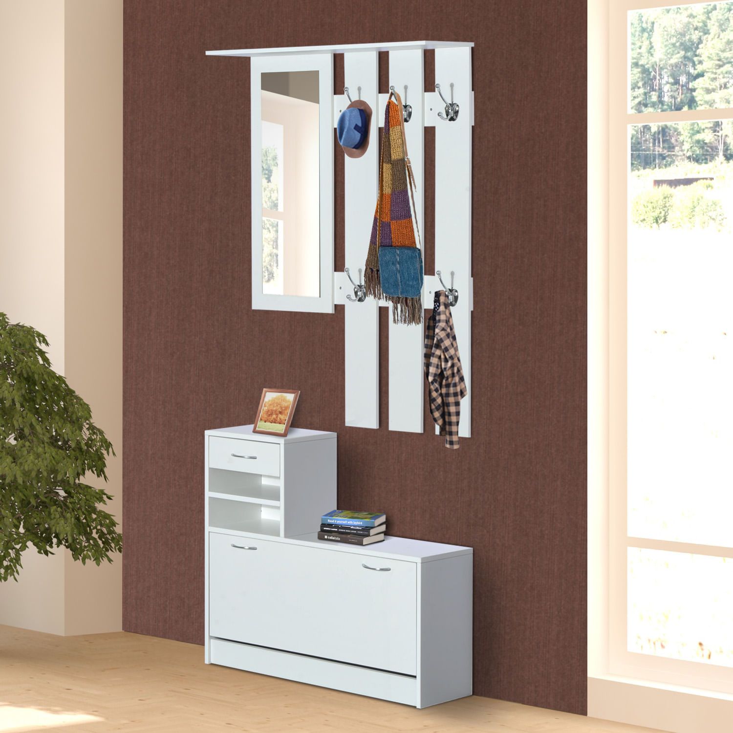 Homcom mobile d'ingresso moderno guardaroba set appendiabiti, specchio e  scarpiera 3 in 1, in legno bianco - BricoBravo