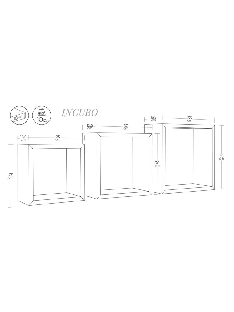 Mensole in legno a cubo Incubo 35x35x15,5/30x30x15,5/25x25x15,5 cm bianco 3  pz