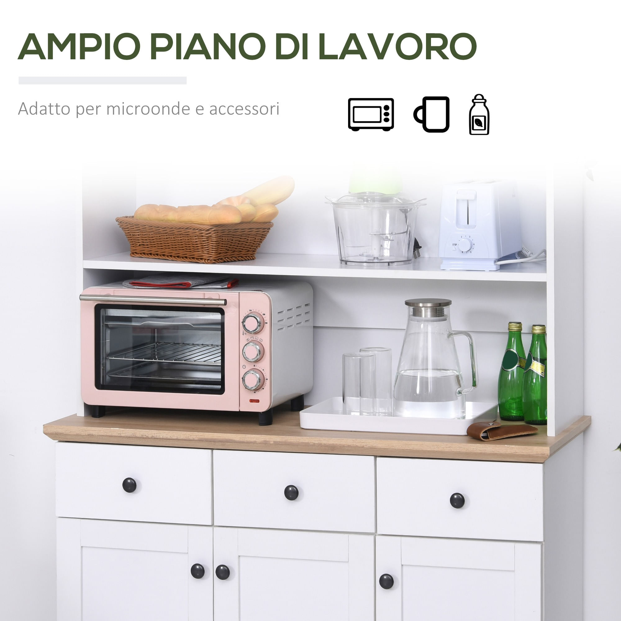 Mobile credenza da cucina con ripiani cassetti e armadietti in legno bianco  - BricoBravo