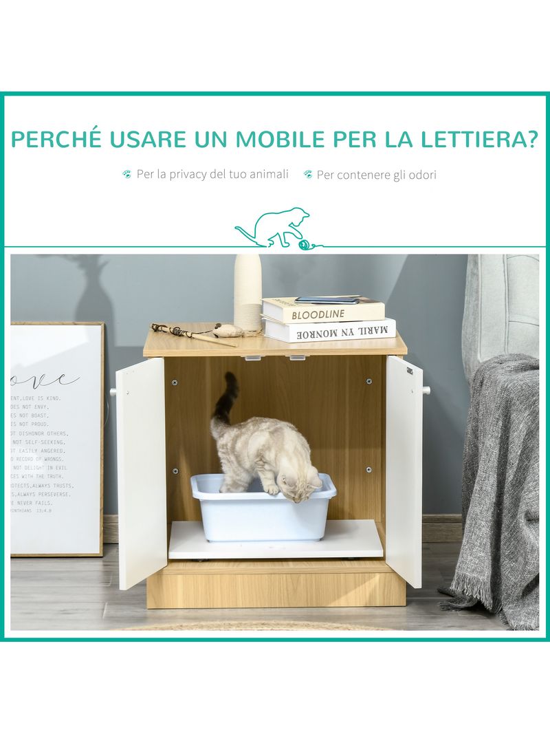 Mobile lettiera per gatti 60x55x62,5cm in legno 2 ante con ripiano interno  - BricoBravo