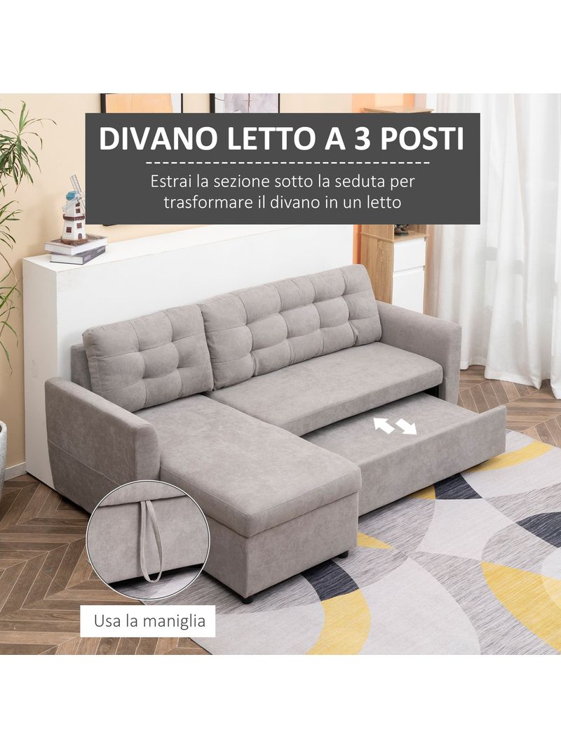 Divano letto angolare 3 posti con chaise longue contenitore 217x134x85cm  grigio