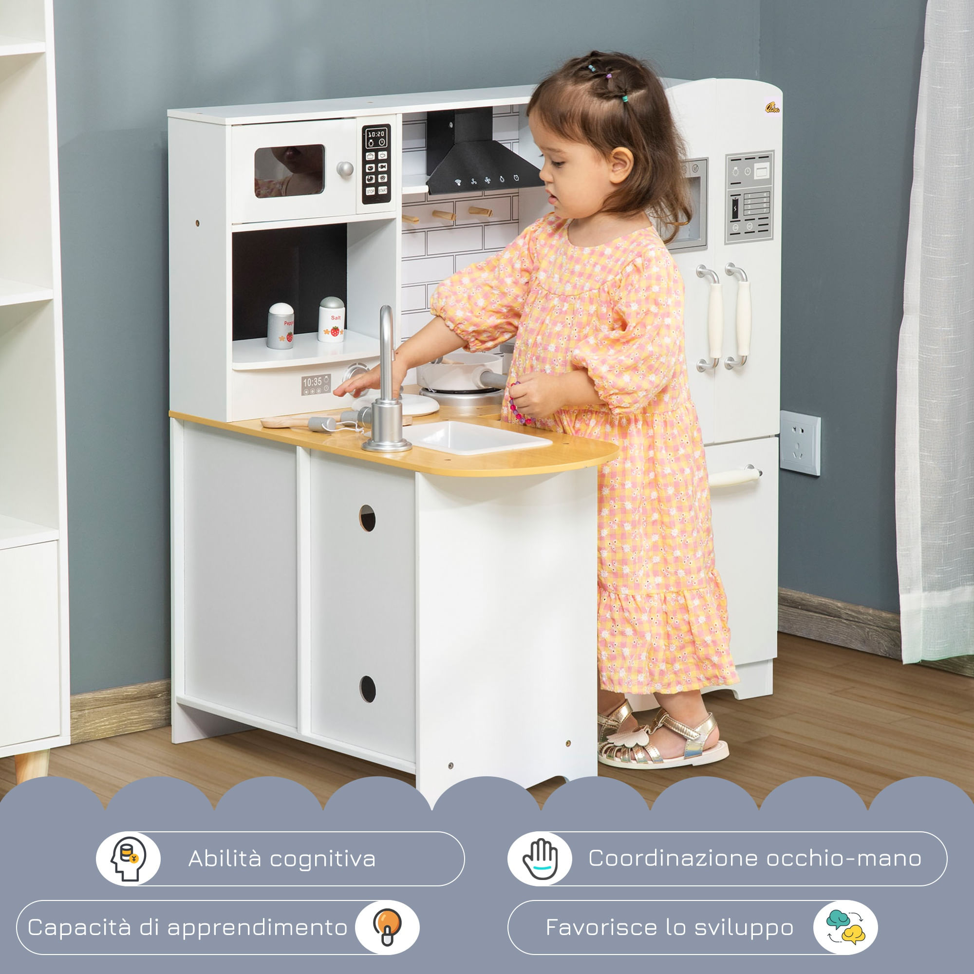 Cucina in legno Giocattolo Bambini con Pentole e Accessori Gioco in Ac