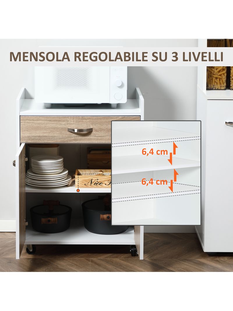 Carrello da cucina per microonde in legno con cassetto e 4 ruote