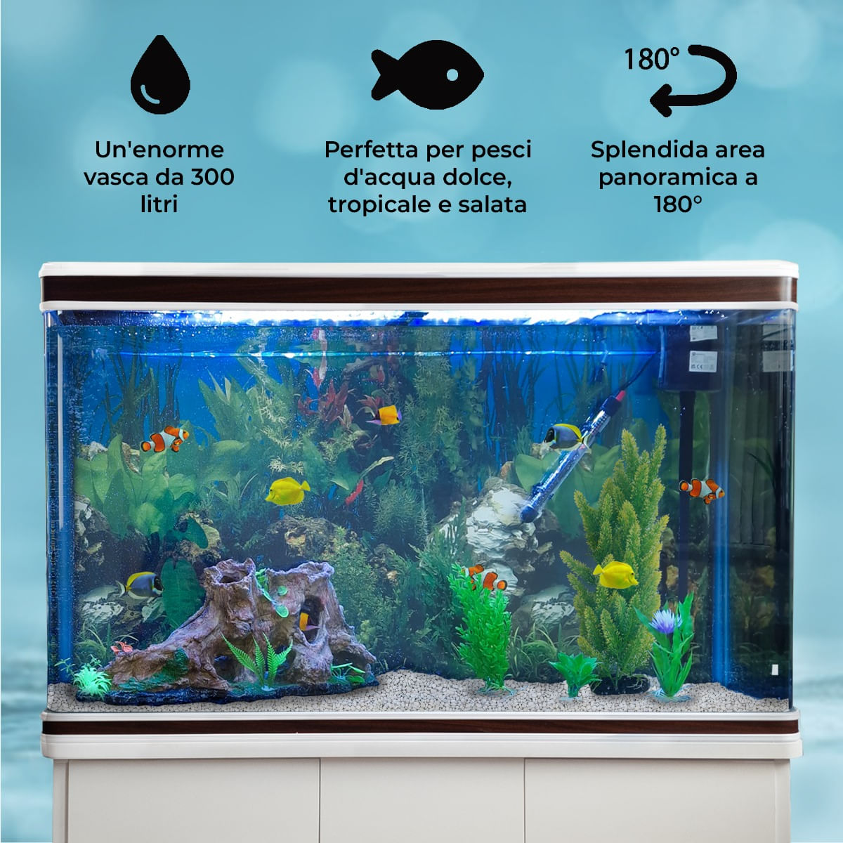 Lampada acquario da pavimento con pesci tropicali finti