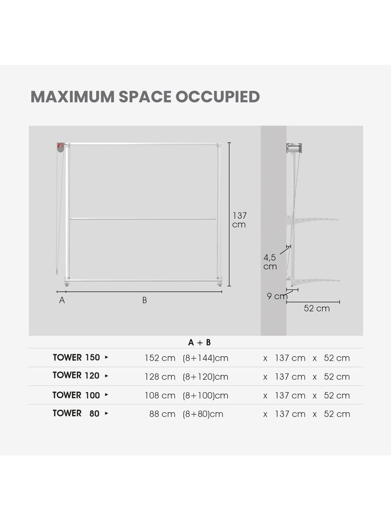 Stendibiancheria da parete, stendino saliscendi con tre griglie bianco, Foxydry  Tower 88x52x137 cm - BricoBravo