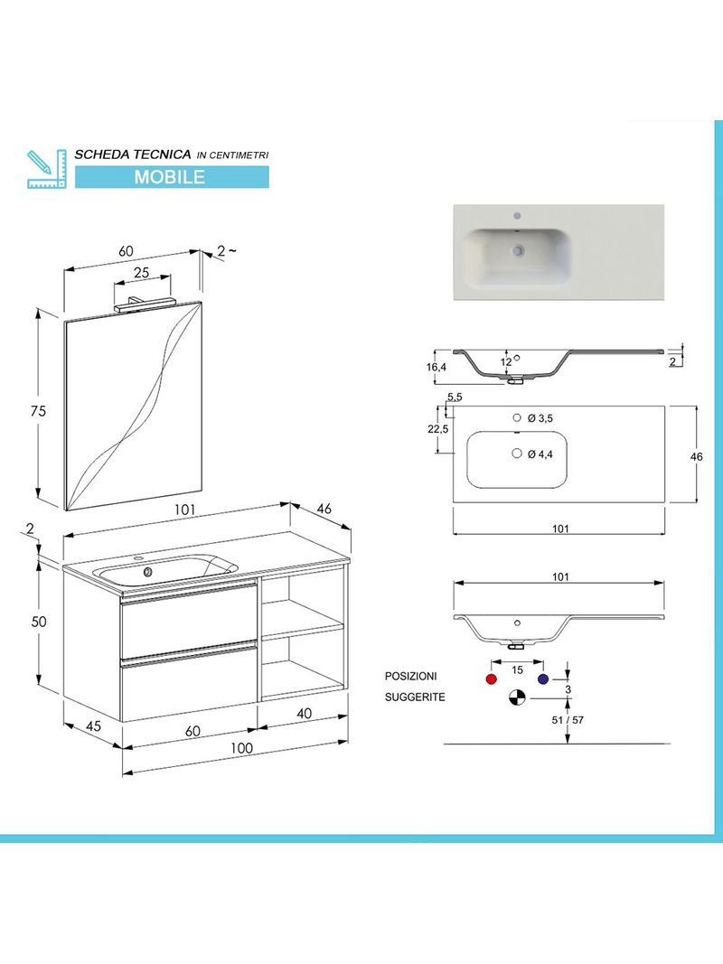 Mobile Sospeso da bagno 100 cm Master bianco opaco per lavabo da