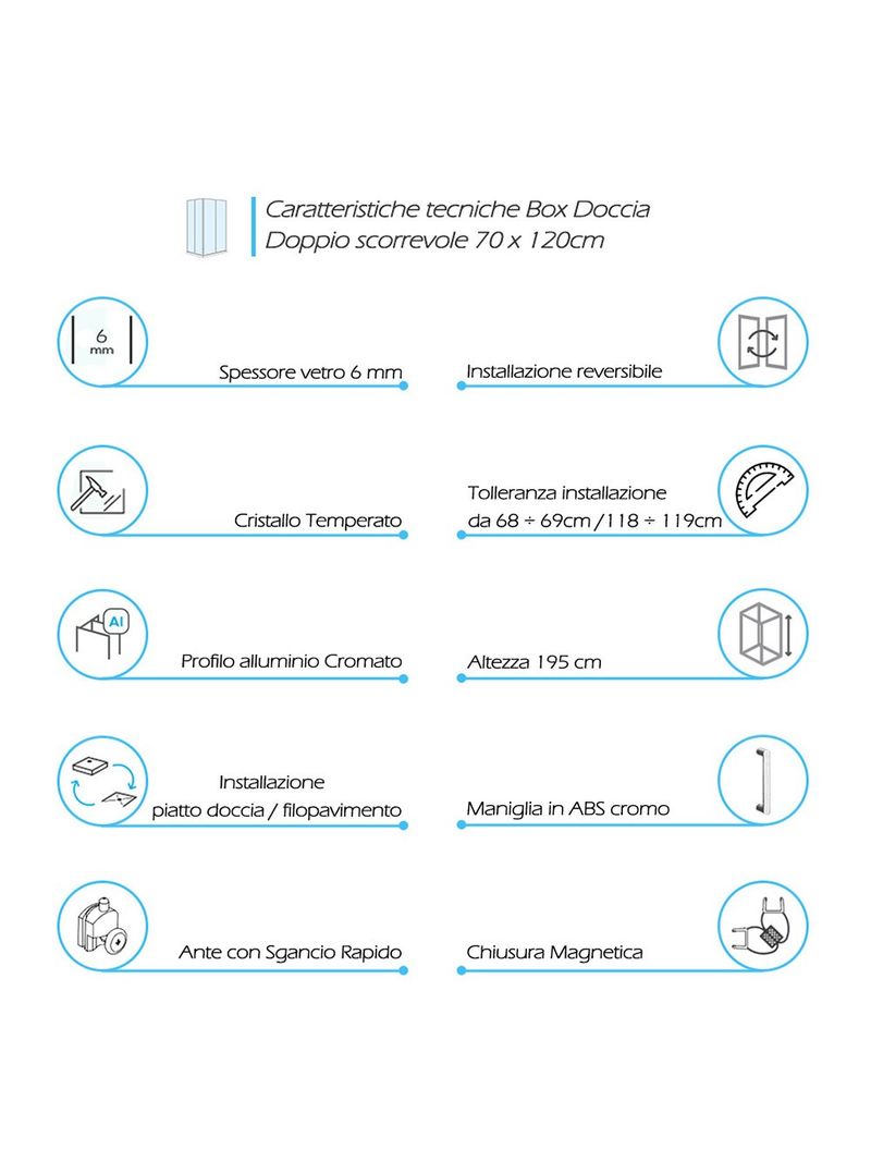 Box doccia doppia apertura 70x120 cm serie Icon in vetro trasparente