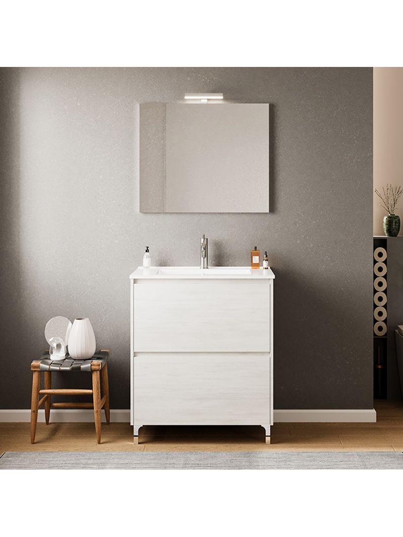 Mobile bagno a terra 60 rovere bianco con lavabo e specchio LED Lisbona -  BricoBravo