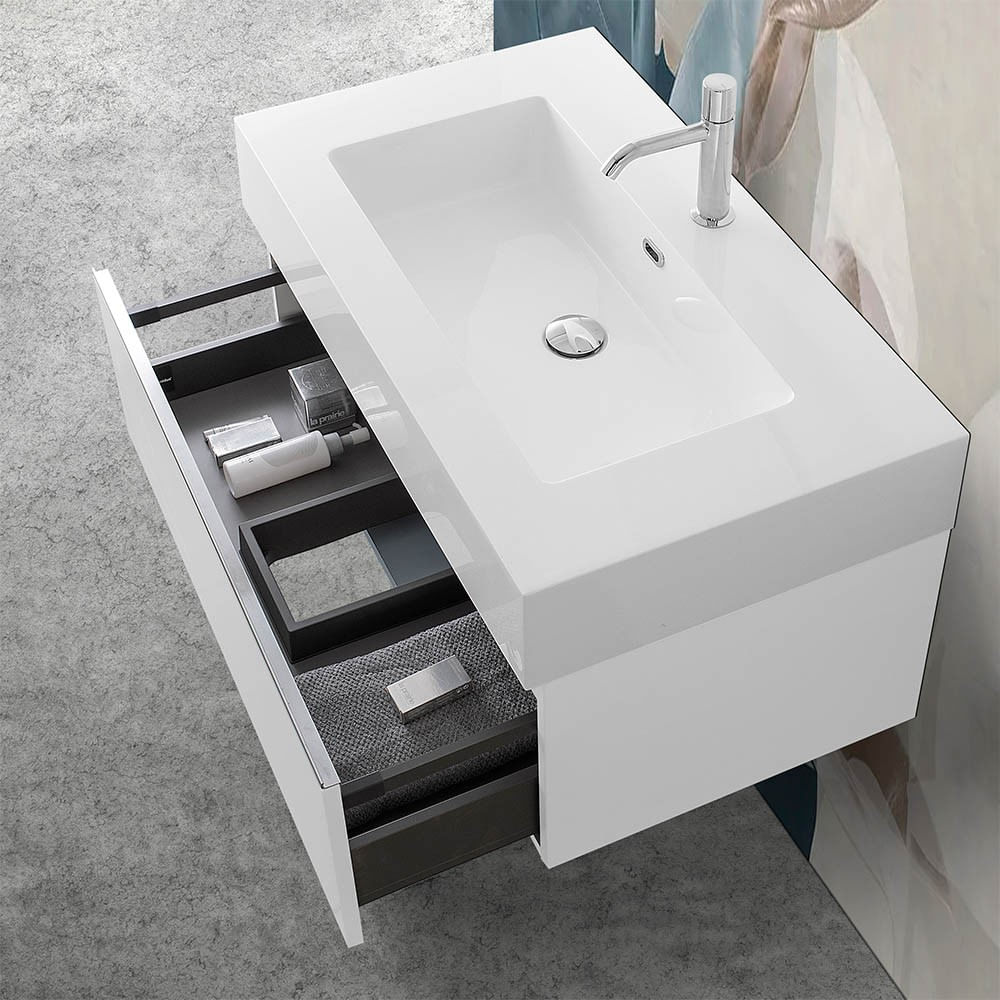 Mobile bagno 80 cm bianco lucido con lavabo sospeso e specchio Iside