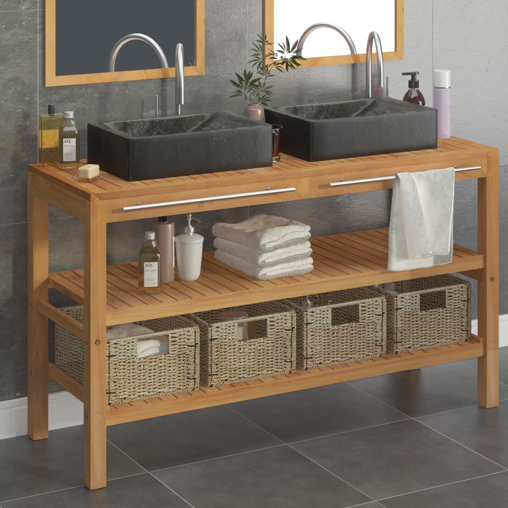 vidaXL Mobile da Bagno con Lavabi in Marmo Nero Legno Massello Teak